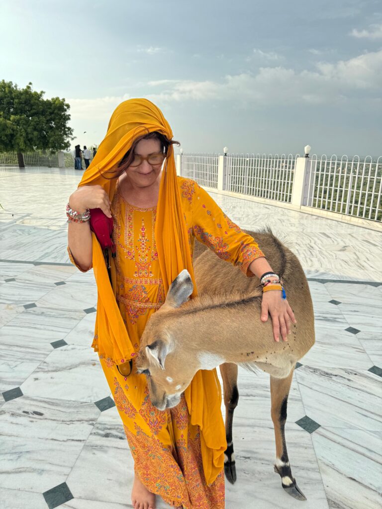 Lara-Abhilasha au Rajasthan Lara-Abhilasha au Rajasthan caresse un daim qui s’est approché spontanément, moment de rencontre avec la nature.